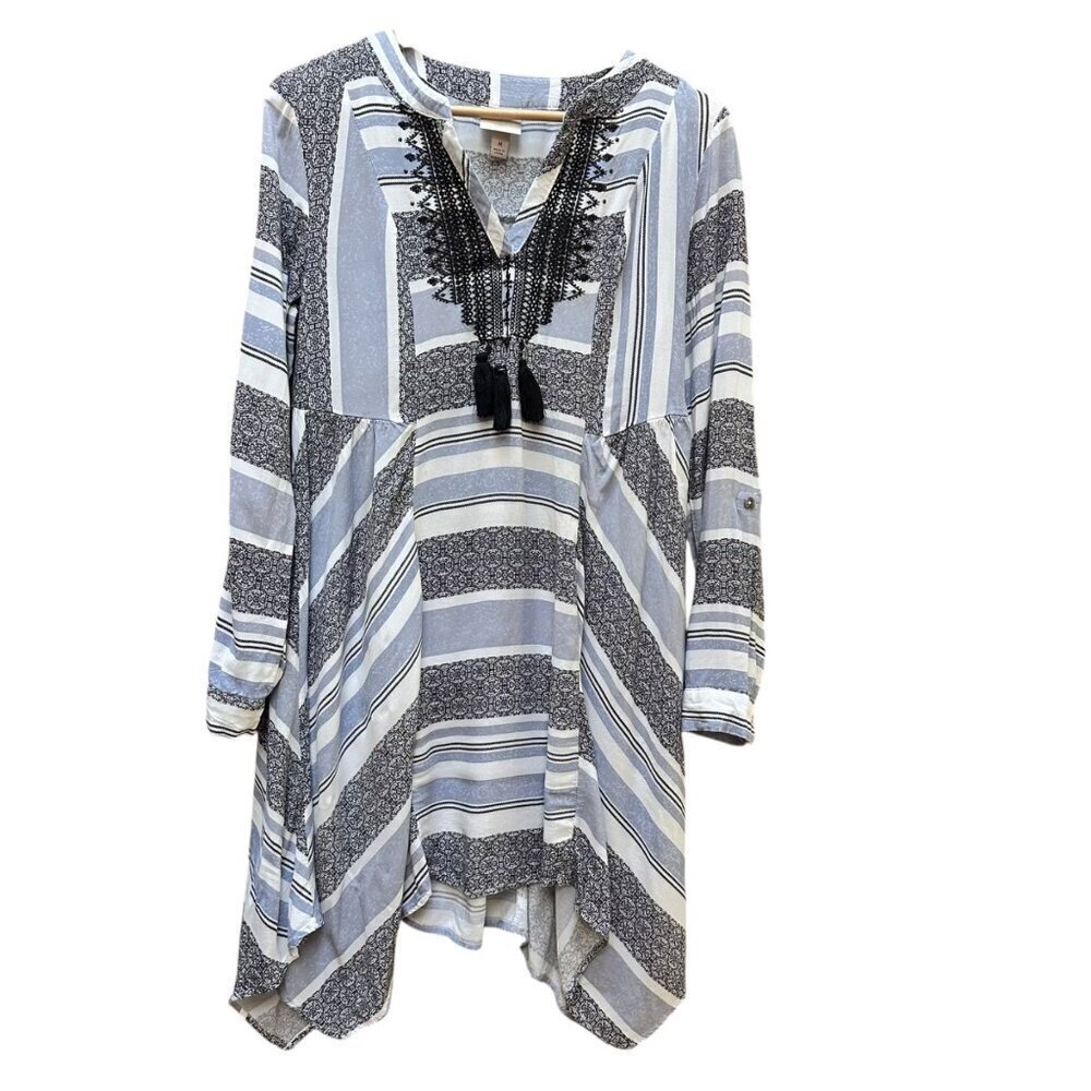 Knox Rose Dress Boho‎ Long-Sleeve Striped Tassels Asymmetrical Hem Size Medium